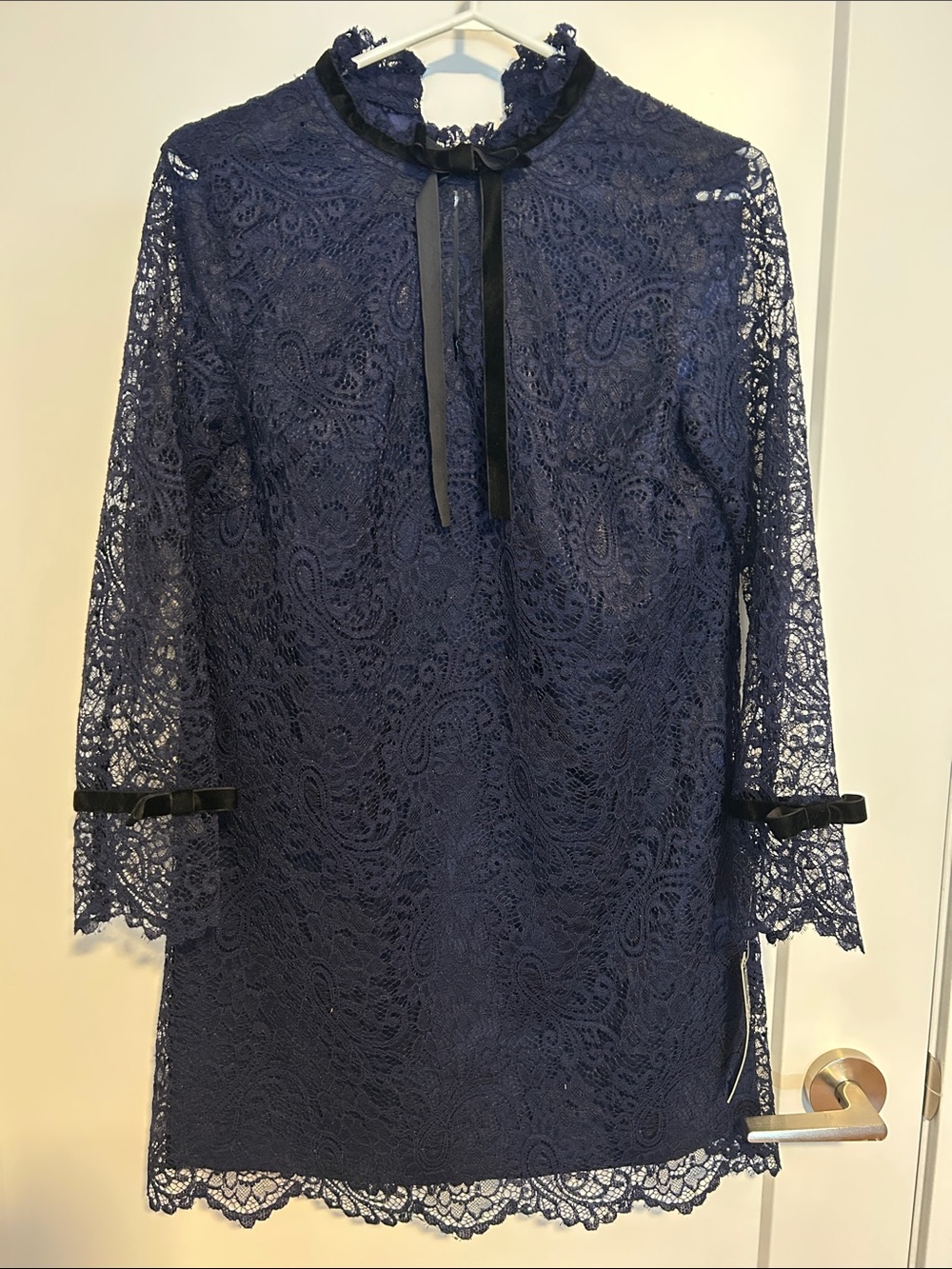 Tahari Navy Lace Long-Sleeve High Neck Dress with Ribbon